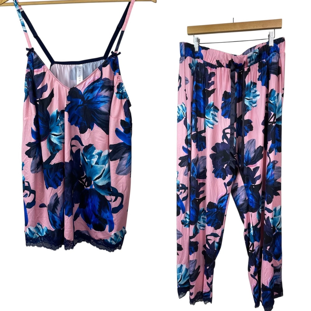 Cacique Womens Satin Pajama Set Floral Lace Trim Black‎ Blue Pink Size 18/20